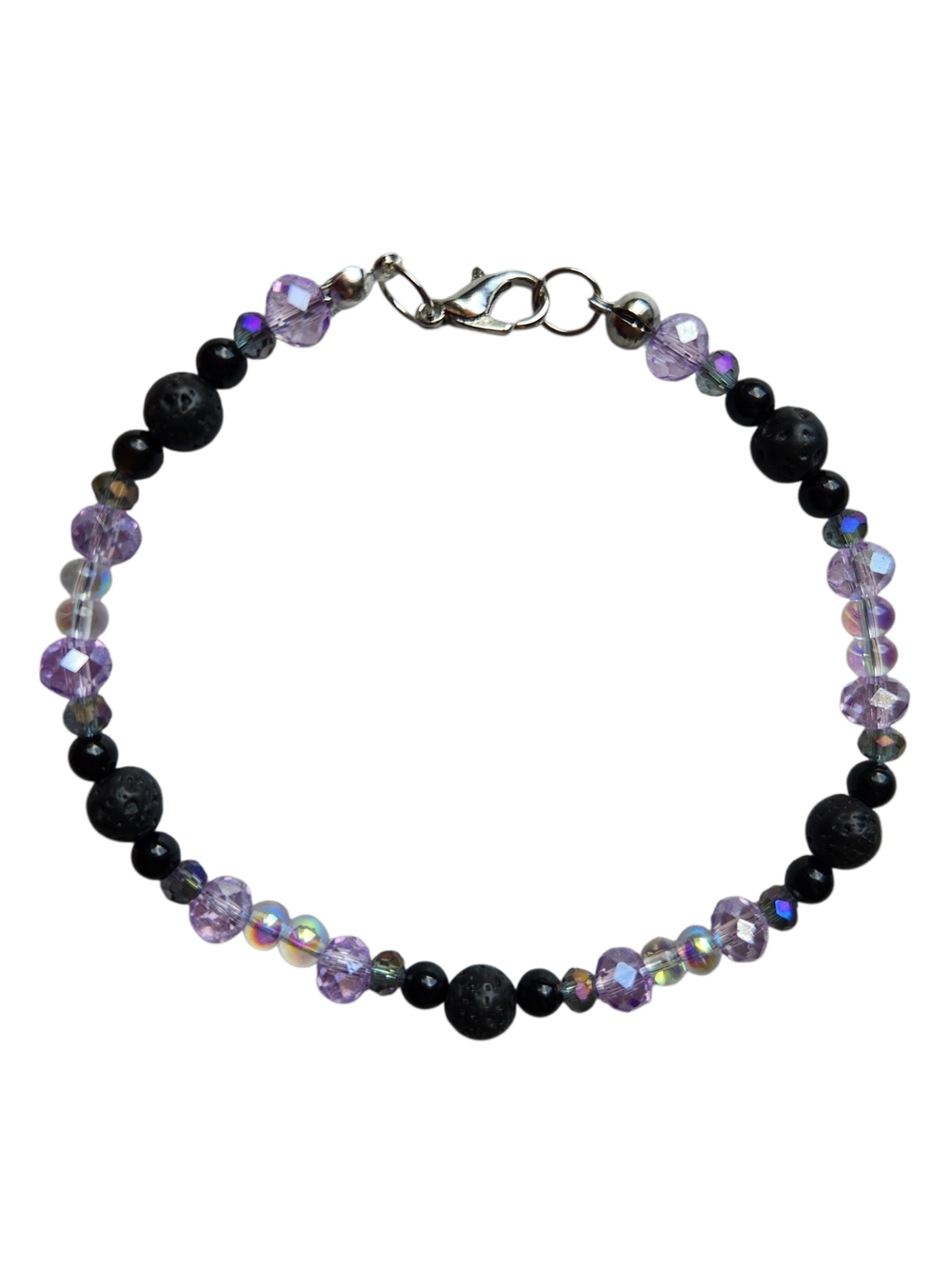 Handmade Black Lava Rock & Agate Beaded Bracelet With Purple Accents